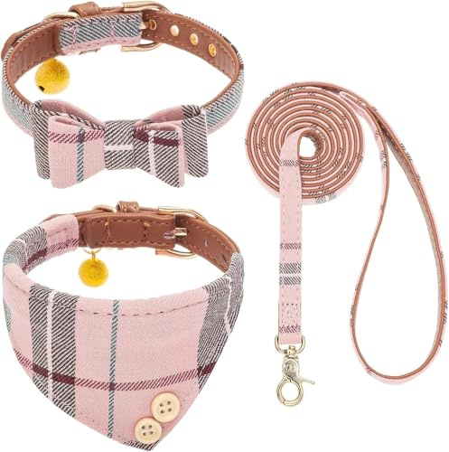 KOOLTAIL Pink Girl Ensemble collier et laisse pour chiens de petite taille avec nœud papillon et clochettes – Collier bandana et laisse mignon pour chiot avec motif écossais classique, laisse en cuir