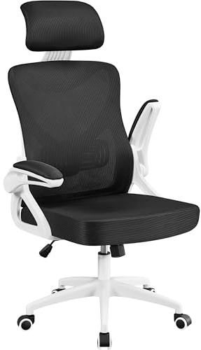 Yaheetech Ergonomic High Back Office Chair with Lumbar Support White/Black | Space-saving flip-up arms & adjustable height, smooth 360 swivel wheels for long-hour desk work and student home study