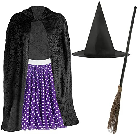 Adult’s Room on the Broom Set - Black Velour Cape, Purple Polka Dot Skirt, Witch Hat and Broom - Perfect for World Book Day School Book Day Fancy Dress