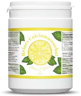 Pure Calcium Ascorbat 1000g Vitamin C Pulver Hochdosiert 100% Gepuffertes Vitamin C Mit Messlöffel - Vegan - Premiumqualität