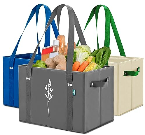 Green Bulldog Reusable Grocery Bags - Heavy Duty Reusable Shopping Tote Bags W/Long Handles, Foldable & Collapsible, Holds Up to 65 lbs - for Kitchen, Picnic 3 Pack