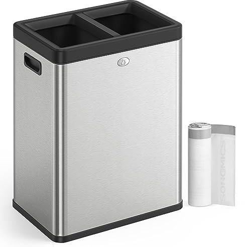 SONGMICS 2 x 6.6 Gallon Open Top Trash Can, Dual Compartment Garbage Can for Waste and Recycling, Stainless Steel, Trash Bin for Office, Restaurant, Commercial Use, Metallic Silver ULTB710E50