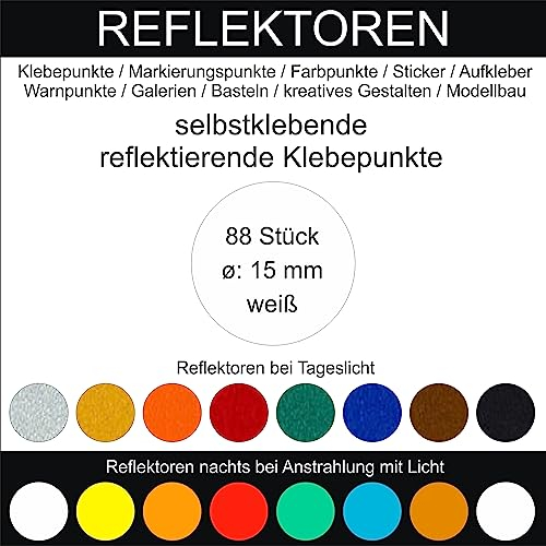 88 Stück Klebepunkte weiß reflektierend aus Folie rund 15 mm selbstklebend wetterfest Aufkleber Reflektor Etiketten Sticker Decal Markierungen Organisieren DIY basteln verzieren Geocaching