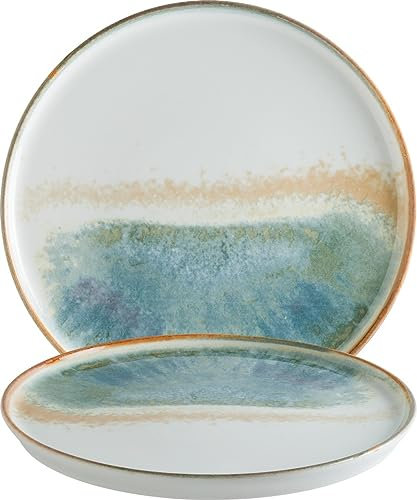 Bonna 6x Fium Hygge Teller rund 22 cm flach 2 cm tief Türkis Grün Weiß Braun Aquarell Porzellan FIUHYG22DZ Speiseteller Essteller Frühstücksteller Geschirr