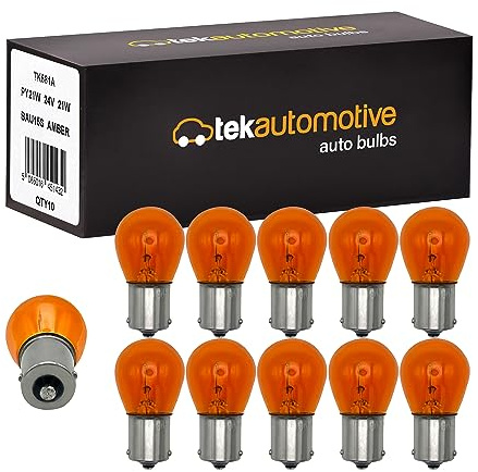Tek Automotive 588 24V Bulbs for Lorry, PY21W Indicator Bulbs, Truck Bulbs, Indicator Bulbs Orange Light, 581A 24V 21W BAU15S Amber, Off Set Pins - Box of 10