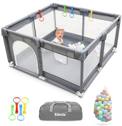 Kidoola Baby Playpen with Padded Frame & Mesh Walls, Balls & Pull Rings Included, for Indoor & Outdoor Use, Toddler Fence - Breathable Mesh, Extra Large Play Yard for Babies (127x127x65cm) (Grey)