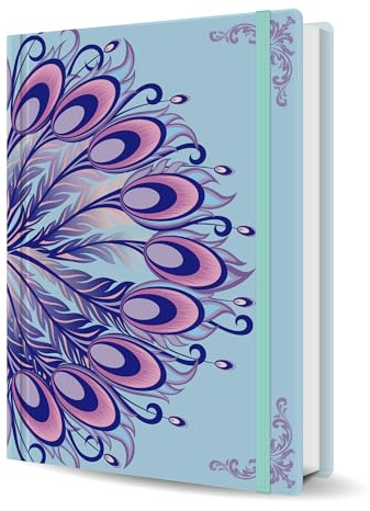 sexeeg Quaderno A5 a Righe - Copertina Rigida - 100gsm - 224 Pagine Numerate - Con Rilievo Piuma di Pavone - Diario Giornaliero per Donne e Scrittura