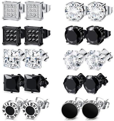 Uwiyo 10 Paar Ohrringe Ohrstecker Herren Männer, 8mm Edelstahl Fake Plugs Ohrringe Rund Diamant Ohrstecker Ohrringe Piercings für Männer Frauen, Schwarz+Silber (Schwarz+Silber Set 1)