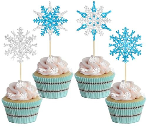 Gyufise 24Pcs Snowflake Cupcake Toppers Double Layer Frozen Cupcake Picks Winter Wonderland Cake Decorations for Snowflake Theme Baby Shower Birthday Merry Christmas Party Supplies Blue Silver