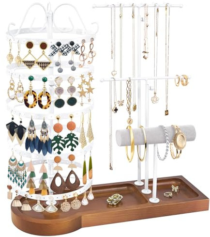 SMFANLIN Earring Organizer Jewelry Display Storage Stand with Wooden Base Multifunktionaler Verstellbarer Halskettenhalter Armbanduhrhalter für Schmuck-Ohrringe-Ring （Weiß）