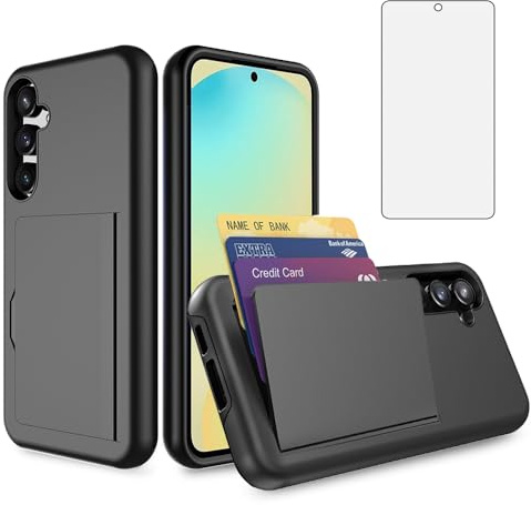 Asuwish Phone Case for Samsung Galaxy S23 FE 5G with Tempered Glass Screen Protector Cover and Credit Card Holder Stand Slim Hybrid Mobile Slot Cell Accessories S 23 EF S23FE 23S Women Men Black