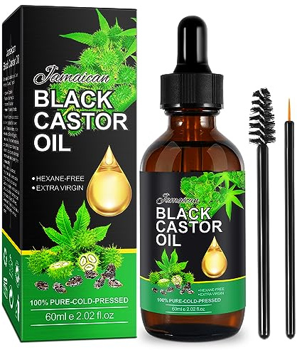 Jamaican Black Castor Oil,100% Natural Premium Organic Cold Pressed Unrefined Castor Oil,for Eyelashes & Eyebrows Hair Growth Thicker,Body Face Skin Nourish, Relaxation Sore Muscles,60ML