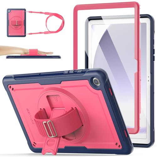 SEYMAC stock Hülle für Samsung Galaxy Tab A9 Plus/ A9+ 11 Zoll 2023, Stoßfeste Robuste Hülle mit Displayschutz, Stifthalter, 360° Drehbarer Ständer/Handschlaufe & Schultergurt, Rot/Dunkelblau