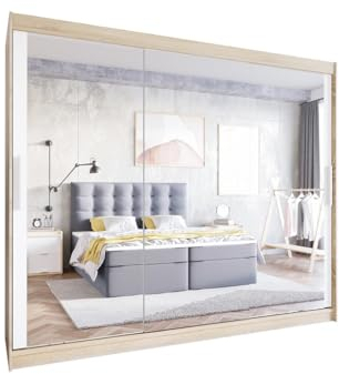 Easy4You LIII 250 cm Sonoma/Weiß Schiebetüren Kleiderschrank 250x215x58 cm mit Spiegel - Schlafzimmermöbel, Aufbewahrung - Mehrzweckschrank