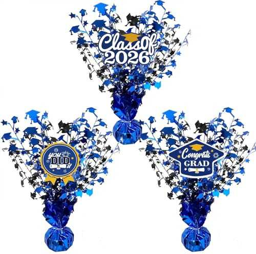 3 Pcs Graduation Table Centerpieces - Balloon Weight Centerpieces Blue Glitter Foil Graduate Cap Centerpieces for 2026 Graduation Party Table Decorations (blue)