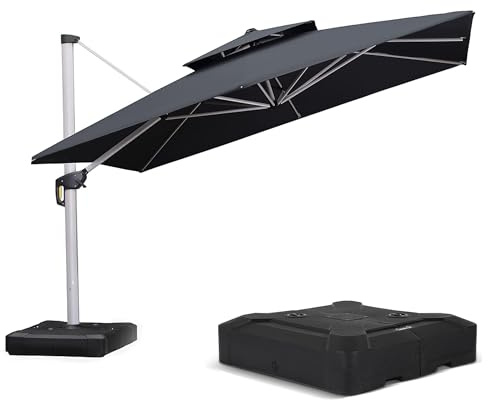 PURPLE LEAF Parasol Déporté 3,65 x 3,65 m Carré avec Pied, Parasol de Jardin Extérieur à Toit Double Rotatif 360°, Pour Terrasses, Terrains de camping, Restaurants Extérieurs, Gris acier