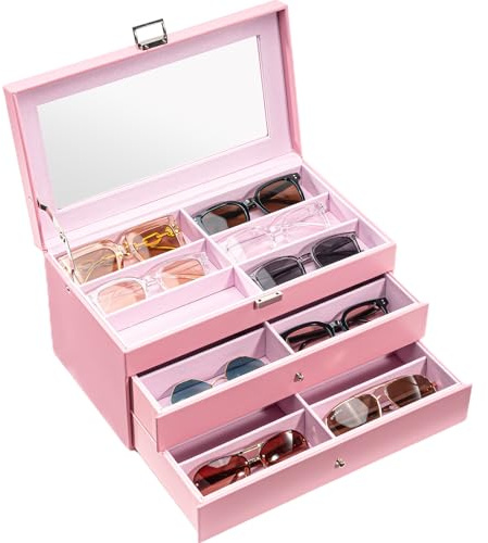 ProCase 3 Etagen Brillenbox 18 Sonnenbrillen Displaybox Aufbewahrungsbox aus Leder Brillenschatulle Brillenkoffer mit Glasdeckel