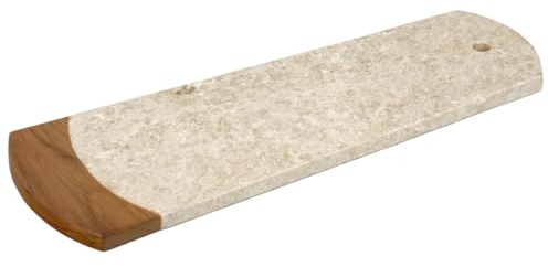 Tabla de cortar 38 cm de mármol Beige y madera de teca – Bandeja de presentación y servicio refinado y resistente – Kael
