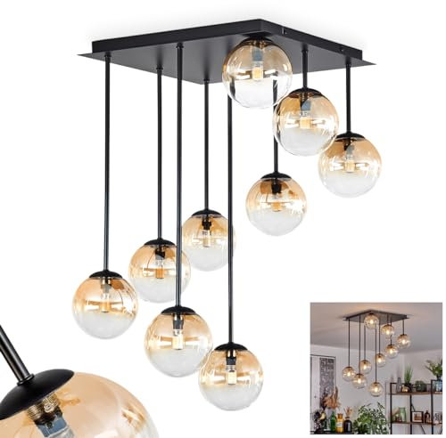 HOFSTEIN Deckenleuchte Chehalis, Deckenlampe aus Metall/Glas in Schwarz/Bernsteinfarben/Klar, Leuchte im modernen Retro/Vintage-Design mit Schirmen aus Glas (Ø 12 cm), 9 x G9, ohne Leuchtmittel
