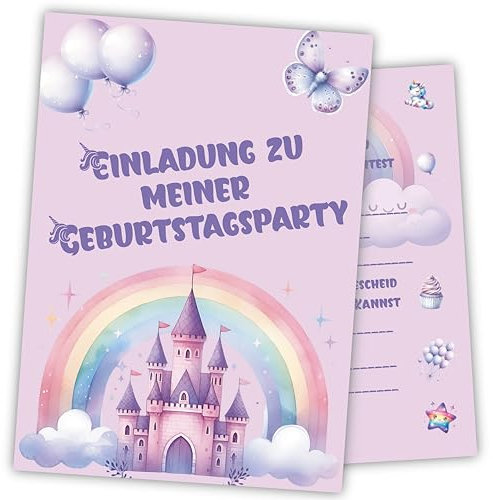 Damalia | 12 Einladungskarten | Kindergeburtstag | Mädchen | Einhorn Schloss | Tiere | Kinderparty | DIN A6 | Einladung | Geburtstag | klein und groß | SchlossEinhorn001