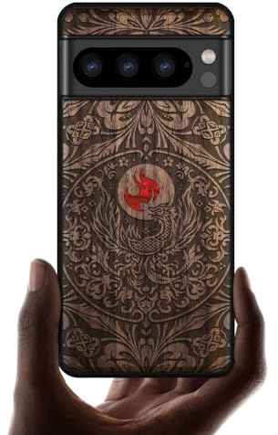 Carveit Handcrafted Case for Pixel 8 Pro (Phoenix-Walnut) | Google Pixel 8 Pro Cover, Wood Engraved & Shell Inlaid, TPU Shockproof Bumper, Wireless Charging Compatible