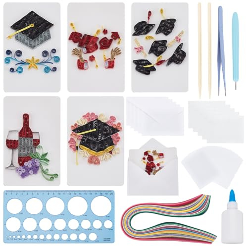 WEBEEDY 20 Set DIY Abschluss Quilling Grußkarten Bastelset Papier Quilling Kit Mit Anleitung Für Erwachsene Anfänger 5 Stile Abschlusskappe Wein Quilling Karte Geschenk Für Absolventen
