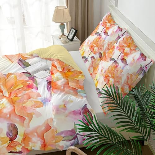 Qiwagu Bettwäsche 135x200 Gelbe Blumen, Bettwäsche-Sets Weiß aus Weiche Atmungsaktiv Microfaser, Bügelfrei Wendebettwäsche Bettbezug 135 x 200 und 1 Kissenbezug 80x80 cm