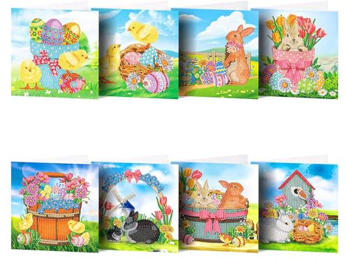 FONDUO 8 Stück DIY Diamond Painting Karte Ostern Diamond Painting Grußkarten Osterhase Osterdeko Diamond Painting Geburtstagskarten Ostern Basteln Geschenk Osterkarten für Erwachsene Kinder (C)