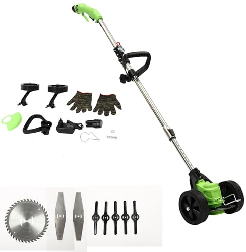 Rasentrimmer mit Akku,Freischneider Elektrischer Elektro Trimmer mit 1300mAh Li-Ion Akku und Ladegerät,inkl 1* Schutzbrille&8* Klingen&2* Räder,Klappbares Rasentrimmer für Garden(Grün)