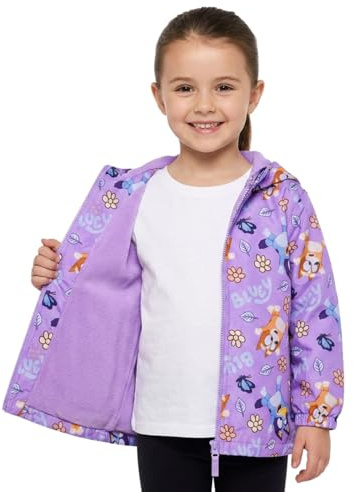 Bluey Girls Raincoat | Lilac Waterproof Fleece Lined Jacket with Hood | Zip-Up Kids Rain Jacket | Toddler Girls Outdoor Coat