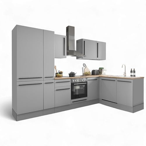 Denver Moderne Eckküche mit Elektrogeräten in Grau, Lancelot Eiche Optik - Geräumige Küchenzeile in L-Form mit viel Stauraum - 310 x 211 x 60 cm (B/H/T)