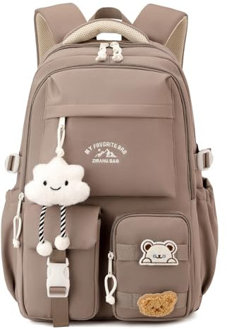 Amythe Schulrucksack Mädchen Teenager, Schulranzen Mädchen Großer mit Vielen Fächern, Lässiger Rucksack Schule mit Süßen Anhängern und Abzeichen für Mädchen 3. bis 7. Klasse, Braun