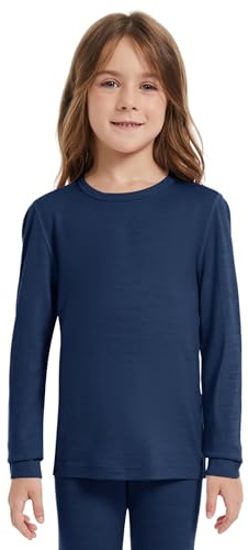 woolcano Maglia termica per bambini, unisex, 100% lana merino, a maniche lunghe, per ragazzi e ragazze, biancheria intima da sci invernale, morbida e calda, Blu mare, 3-4 Jahre