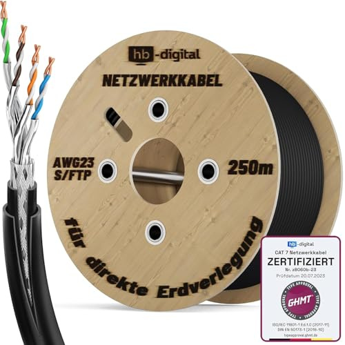 HB-DIGITAL Cable de red para exteriores (cat. 7, 250 m, para enterramiento directo, S/FTP AWG23/1, cobre puro, doble revestimiento, PVC + LLDPE, resistente al agua, PoE 10 Gbit/s, cable Ethernet para