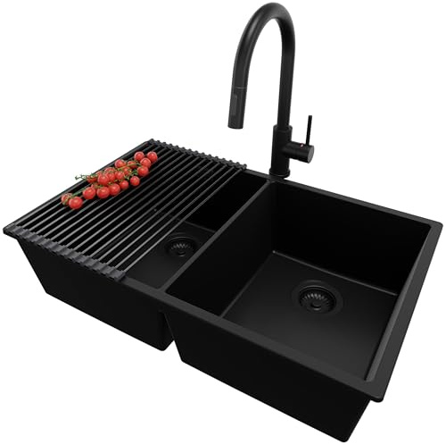 PRIMAGRAN Fregadero bajo Encimera al Mueble 80cm + Grifo, 76x47cm | Set: Grifo BW9010 + Kit de desagüe + Enrollable Escurridor + London Twin 2 Senos Granito, Todo Negro