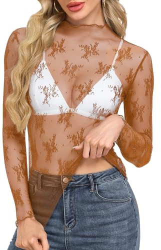 WNEEDU Nättoppar damer – nättoppar spets transparent t-shirt sexig fest toppar långärmad skjorta elegant nätskirare blus med volangkrage, Ljusbrun, XL