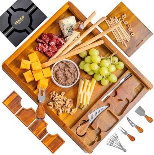 Plateau à Fromage en Bois et Couteaux à Fromage – Planche Apero en Acacia, Meilleur que Planches à Charcuterie en Bambou - Plateau de Service Repas, Assiette pour Aperitif Petit-Déjeuner - Idée Cadeau