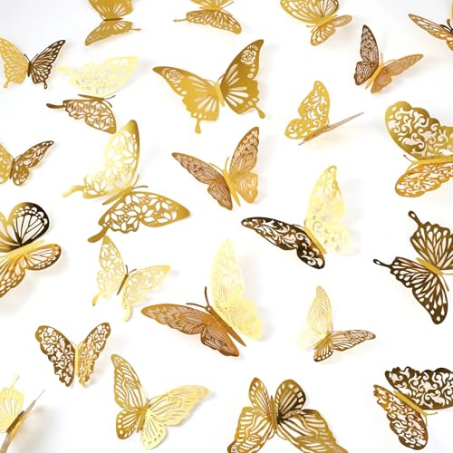 Handship 96 piezas de decoración de pared de mariposas doradas, 8 estilos de decoración de mariposas 3D, bonitas mariposas metálicas, calcomanías extraíbles para decoración de tartas de fiesta de