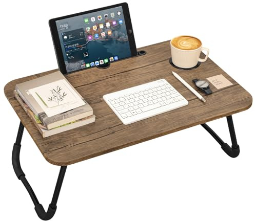 Mesa de cama para laptop, escritorio pequeño de madera con patas plegables y portavasos, escritorio portátil para comer, escribir, leer, estudiar, color marrón claro