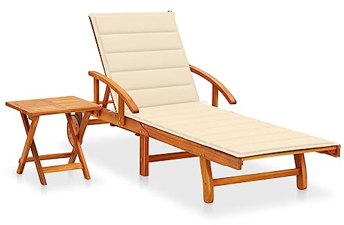 QUAHEAS Sonnenliege Akazie Massivholz, Cremeweiß, Verstellbar mit Rädern, Ausziehtisch, Gartenliege für Terrasse, Pool, Balkon, 200x67x85 cm