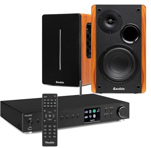 Audizio Adria DAB+ Internet Radio System with WiFi, Spotify Connect, Bluetooth, Bookshelf Speakers & 6m RCA – All-in-one Home Audio Streamer for HiFi, Stereo, Office, Café, Coffee Shop Use