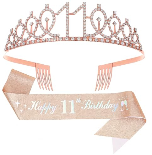 11th Birthday Crown & Sash for Girl, Rose Gold