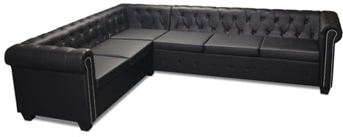 Gecheer Divano angolare Chesterfield a 6 posti in pelle artificiale nera, per soggiorno