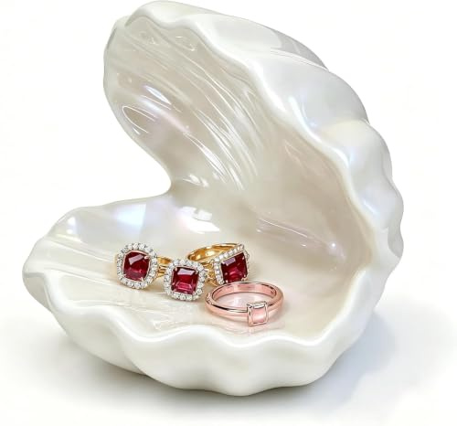 White Pearl Jewelry Dish Ceramic Ring Holder, Coastal Scallop Gifts Decor