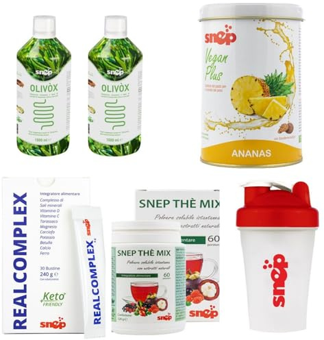 Snep Detox Cleanse Kit with Olivox Olive Leaf Extract, Thé Mix Keto Friendly Powder Pineapple 520 gr, Shake, Mineral Complex, Shaker Bottle.