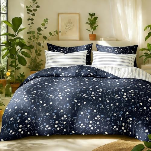 Sedefen Housse de Couette 220x240 Motif Feuilles + 2 Taies d'oreiller 65x65 cm, Bleu Marine Fleur Rayures Parure de lit Adulte 2 Personnes Réversible Linge de Lit en Microfibre avec Fermeture Éclair