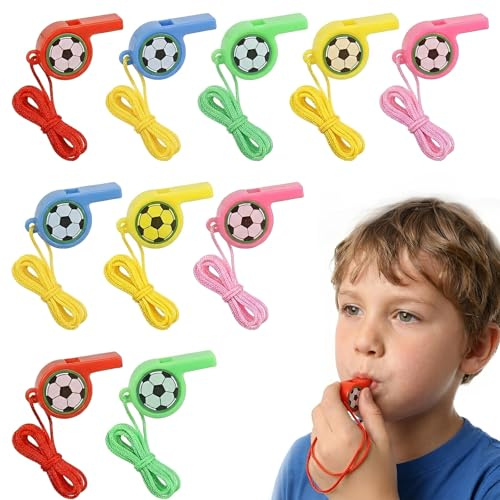 Lot de 10 Sifflets de Football pour Enfants et Adultes, Sifflet en Plastique Coloré avec Cordon pour Arbitre, Entraîneur, Sport, Fête et École - 5 Couleurs Assorties (Rouge Bleu Vert Rose Jaune)