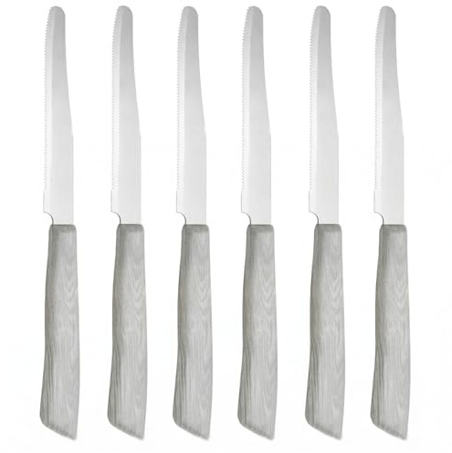 Set da 6 Coltelli da Tavola Made in Italy in Acciaio Inox con Punta Arrotondata e Lama Seghettata Manico Effetto Legno OLMO SBIANCATO 22 cm Lavabili in Lavastoviglie e Professionali