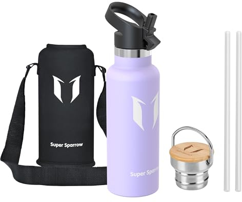 Super Sparrow Stainless Steel Water Bottle Kids - 500ml - Insulated Metal Water Bottles - Standard Mouth Flask - BPA Free - Straw Bottle for Work, Gym, Sports - 2 Lids