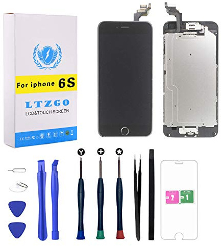 Écran Tactile LCD Compatible avec iPhone 6S Noir Display de Vitre Tactile avec Kit De Réparation avec Caméra Frontale, Bouton Home, Haut Parleur, Outil Outils Adhésif Verre Trempé